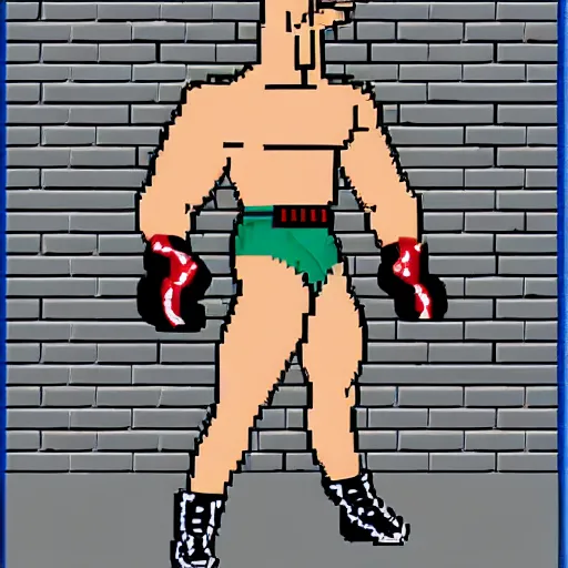 Prompt: full body portrait. 1 6 bit sega graphics. antropomorphic muscular masculine wolf, kickboxer fighter, in shorts, staying in front of brick wall. wolf head. furr on body
