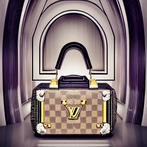 Prompt: a luxury handbag in year 3000, art-deco style, in entrance hall of an art-deco skyscaper, photography , official vuitton editorial , highly detailed