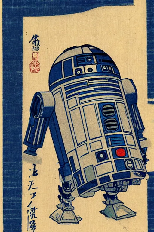 Image similar to Japanese woodblock print of r2d2 , hokusai