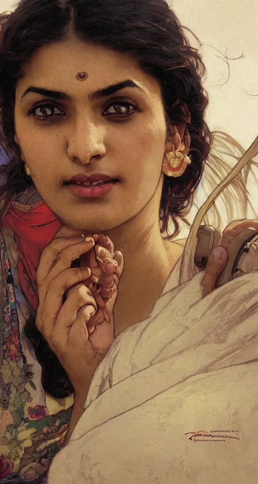 Prompt: close up of an anxious pretty young Indian doctor catching her flight, sun shining, photo realistic illustration by greg rutkowski, thomas kindkade, alphonse mucha, loish, norman rockwell.