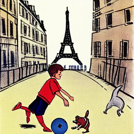 Image similar to book illustration of a french boy on the streets of paris playing football against a corgi, the dog is wearing a polka dot scarf, 1 9 6 6