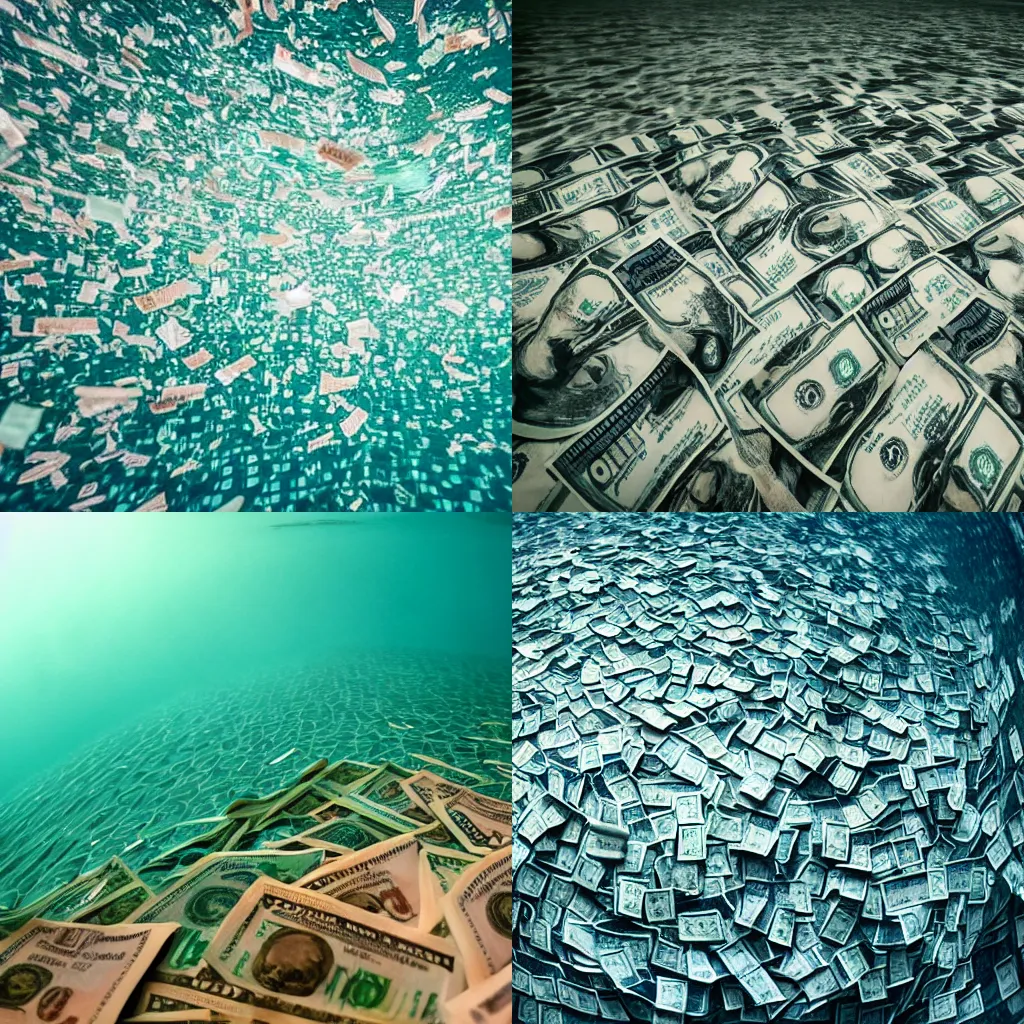 Prompt: several hundred dollar bills sinking to the bottom of a pool, underwater photo aiming up