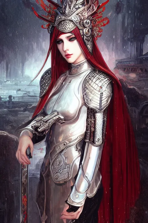 Prompt: portrait white hair knights of Zodiac girl+smoky eyes, black fire red color reflected armor, in ruined Agora of Athens rainy night, ssci-fi and fantasy, intricate and very very beautiful and elegant, highly detailed, digital painting, artstation, concept art, smooth and sharp focus, illustration, art by tian zi and WLOP and alphonse mucha