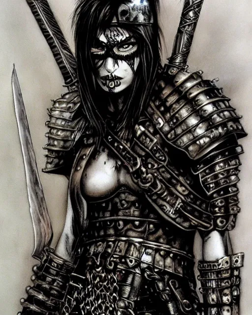 Image similar to portrait of a skinny punk goth warrior wearing armor by simon bisley, fantasy, barbarian, hardcore