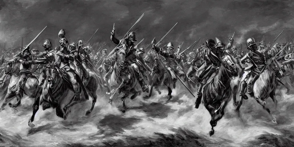 Image similar to army of charles minguses charging into battle, black and white, dramatic