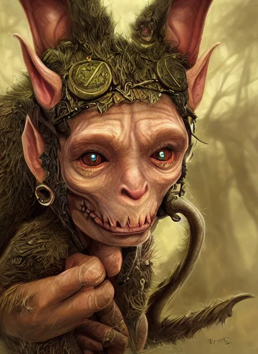 Image similar to , goblin, detailed eyes, cute, fantasy, intricate, highly detailed, digital painting, 4k, HDR, concept art, smooth, sharp focus, illustration, by Wayne Reynolds