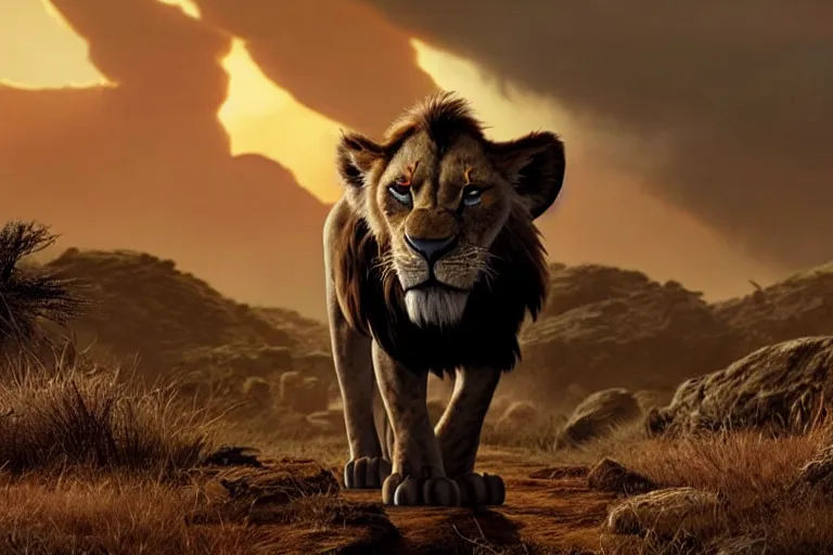 Prompt: scar ( from the lion king ), heavily armed and armored facing down armageddon in a dark and gritty version from the makers of fallout : war never changes