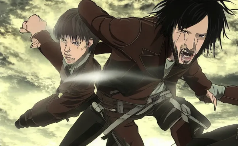 Prompt: a still of Keanu Reeves fighting against a giant Titan in an old village in Attack on Titan, anime style,