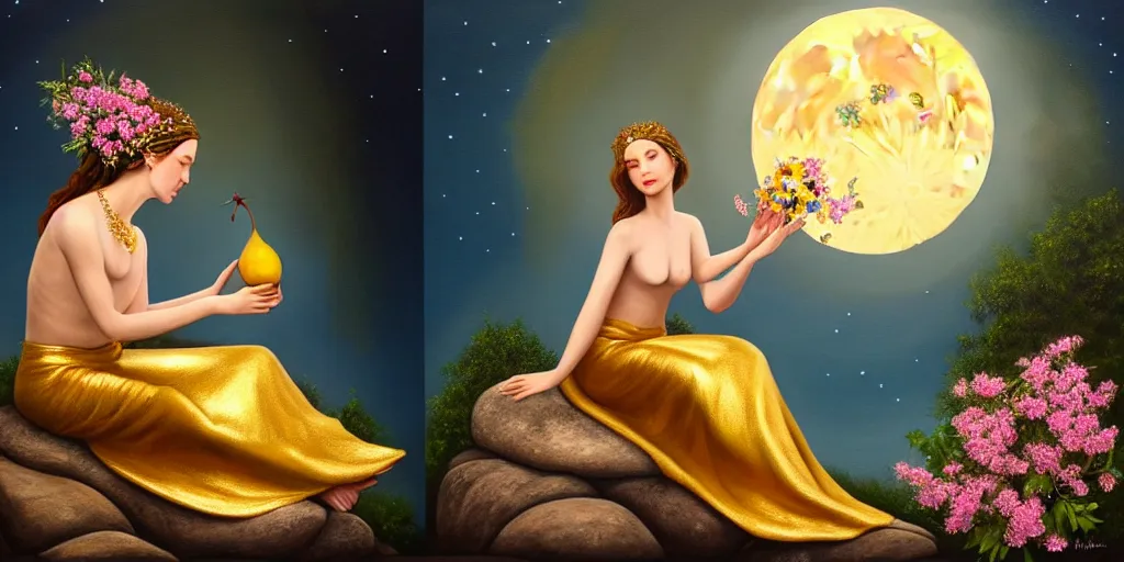 Image similar to very realistic beautiful painting of a goddess wearing a short metallic golden skirt holding flowers and levitating a pear, sun on the left moon on the right as she is sitting on a rock at night time, realistic 8K HD