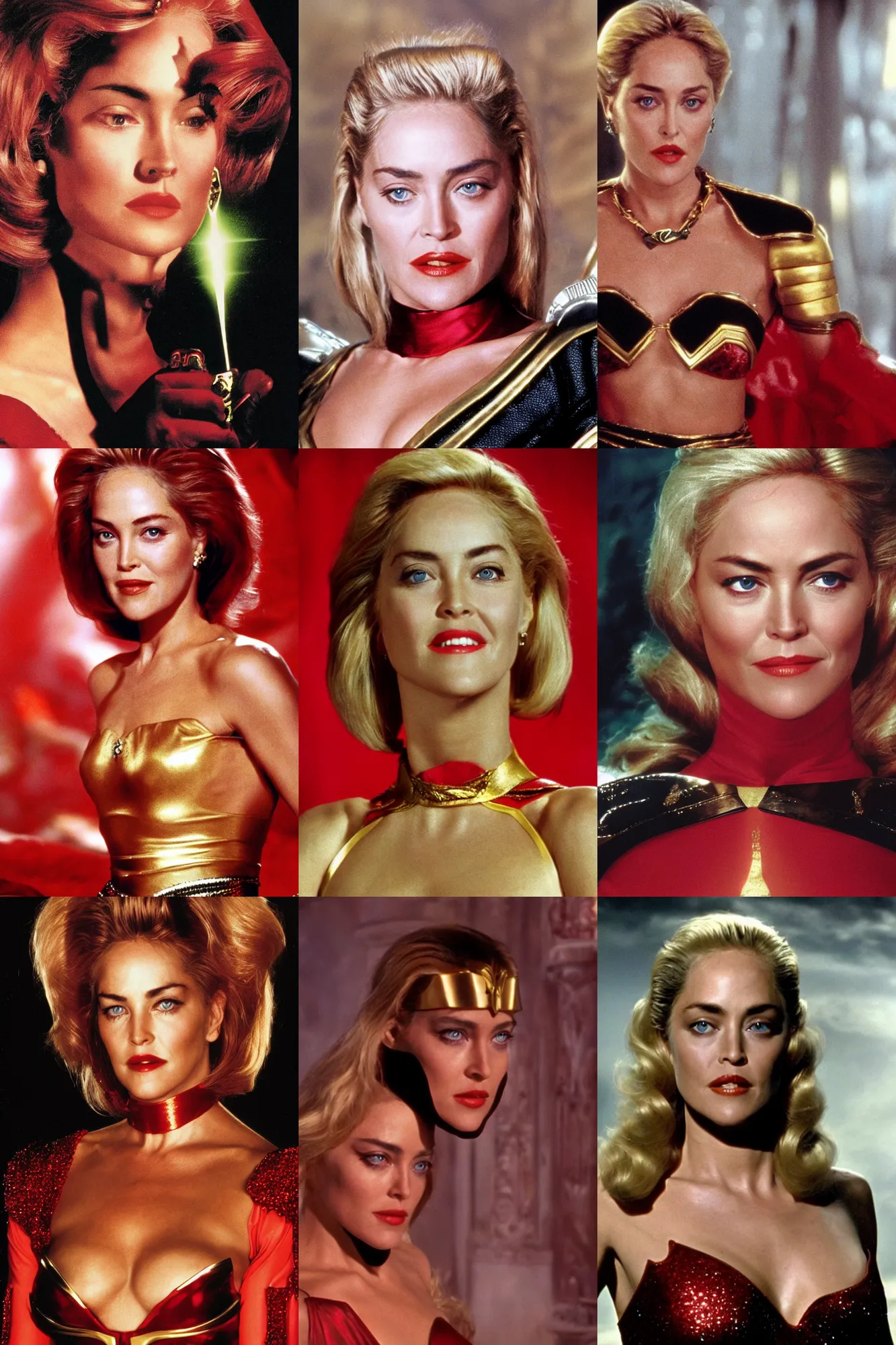 Prompt: Head Shot of a young Sharon Stone as Princess Aura in Flash Gordon 1980, Red Gold and Black outfit, film still