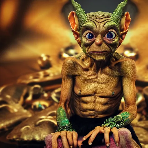 Image similar to gollum couching in a dungeon proudly wearing lots of gold and jewelry and bling, hip hop style, tattoos, lotr, imax, foggy atmosphere, bokeh, professional studio shot, stylized photo, single image