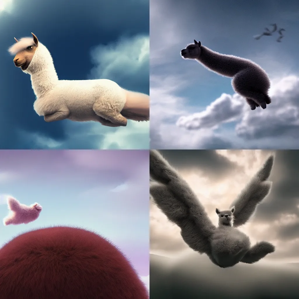 Prompt: mysterious flying alpaca gliding through the clouds, its head is looking curious at some birds flying close by as well, fluffy fur, magic anatomy, surprisingly coherent, octane, 4 k, dreamy