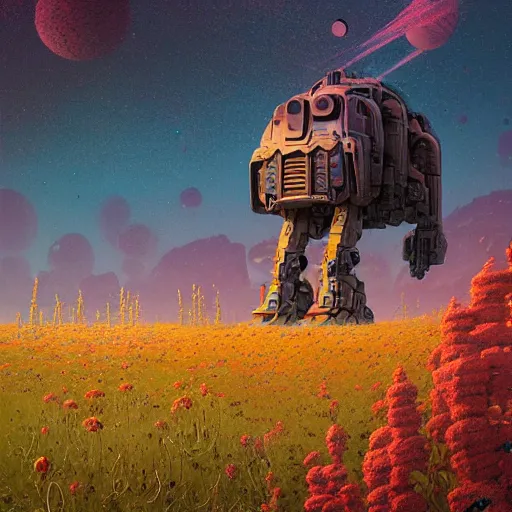 Image similar to a fantastic hyperdetailed 3 d matte painting of a giant robot partially covered in overgrowing wildflowers on an alien planet under arctic moonlight by moebius by beeple by by jakub rozalski by paul lehr by dan mumford