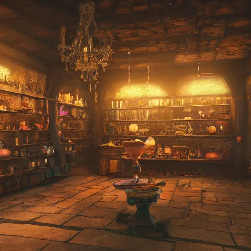 Prompt: inside a magical item shop, fantasy potion vendor interior, ufotable studio art style, gothic interior, 8K, octane render, unreal engine,