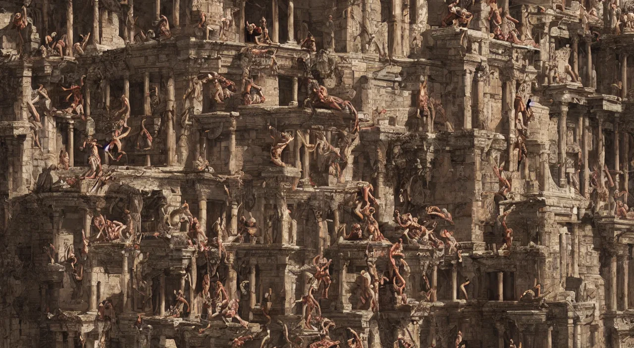 Prompt: 5 0 giant women body sculptures climbing a rare building at the kingdom of julius caesar, roman historic works, hyper - detailed, artstation trending, world renowned artists, historic artworks society, antique renewel, good contrast,, cgsociety, by greg rutkowski, by gustave dore, deviantart, 5 0 mm lens,