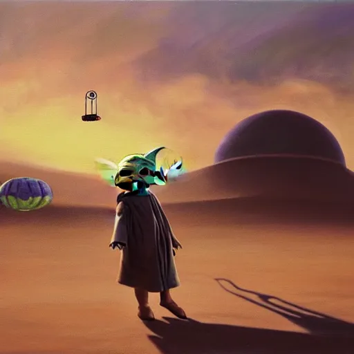 Image similar to eye - level view, shot from 5 0 feet distance, baby yoda plays is on a seesaw fund city playground on tatooine. a bunch of balloons are on sale in the background. depth, dramatic clouds, setting sun. golden hour, oil on canvas painting, detailed, depth, volume, chiaroscuro, quiet intensity, serene.