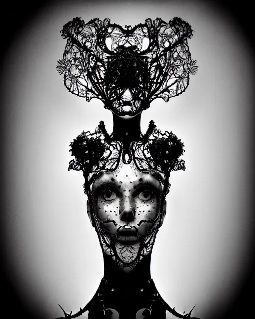 Image similar to surreal dark poetic black and white photo portrait of complex bio-mechanical beautiful young silver female vegetal-cyborg with a Mandelbrot fractal steampunk metal fine lace face, a very long neck and a fine metal floral foliage super big lace collar by Vivienne Westwood:: smoke, high fashion, haute couture, rococo, steampunk, avant-garde, silver filigree details, anatomical, facial muscles, cable wires, microchip, elegant, dreamy, foggy atmosphere, hyper realistic, 150 mm lens, soft rim light, octane render, unreal engine, picture was taken in 1910 by Man Ray, volumetric lighting, dramatic light,8k,