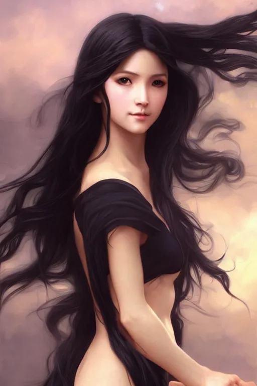 Image similar to nami, long black hair, digital art from artstation by artgerm and william - adolphe bouguereau