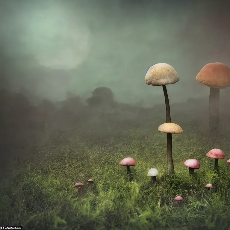 Image similar to a planet of various fungus, mushrooms and plants, inside the picture is infinity, Atmospheric phenomenon, artistic photography, muted colors, conceptual, long exposure outside the city, volumetric light