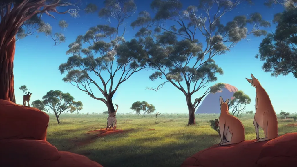 Image similar to australia, outback, uluru, kangaroos, ghibli style, makoto shinkai