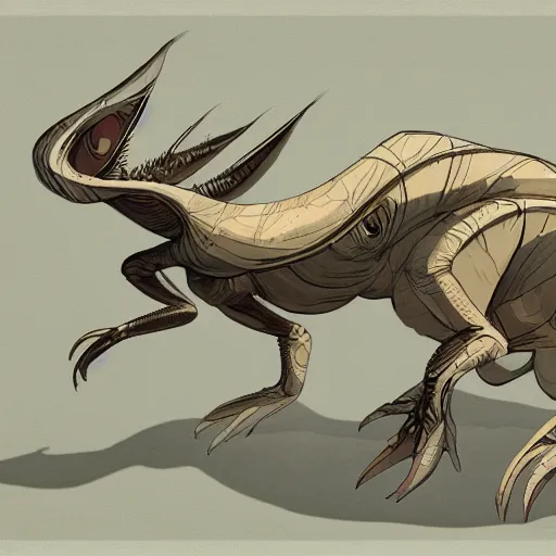 Image similar to concept art painting of an alien animal creature, detailed, cel shaded, in the style of makoto shinkai and moebius and james gurney