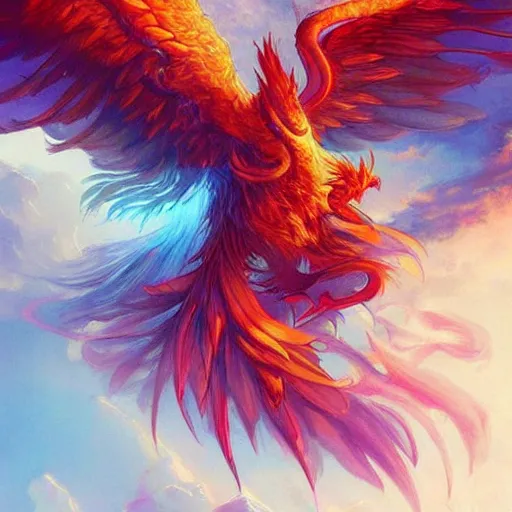 Prompt: phoenix rising from the ashes, by rossdraws and bluesssatan and mandy jurgens, detailed, textured, vivid colors!!, colorful, photorealistic, high dynamic range!, hdr, artstation, pinterest, comics, comic books, cross - hatching, inking, detailed