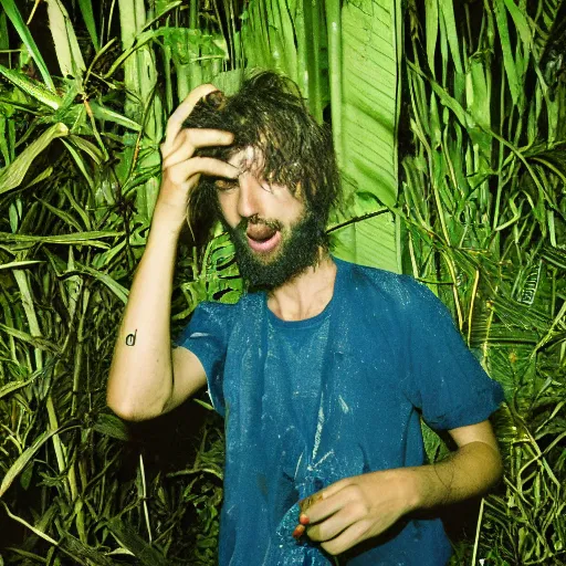 Image similar to portrait of a mad high guy on drugs in the middle of a blue jungle at night in rain photographed by Andrej Tarkovsky, kodak 5247 stock