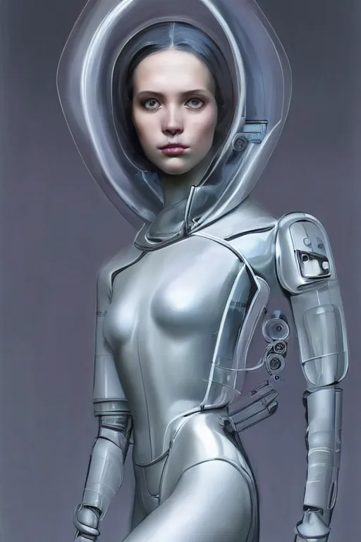 Image similar to a beautiful half body image of a futuristic android with body made of translucent plastic, long hair made of cellophane with a plastic hood and mechanical internal parts, symmetrical and realistic proportions by Irakli Nadar, tom bagshaw, Charlie Bowater with details by Jason Felix, furio tedeschi, face by ilya kuvshinov, artgerm, cinematic backlit lighting, beauty retouch, elite, photo realistic, octane render, hyper real, ultra detailed, trending on artstation pinterest and deviantart