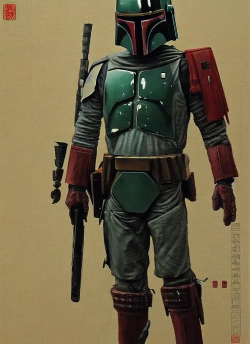 Image similar to boba fett in a samurai japanese version, very detailed oil painting, dark and realistic, japanese art art