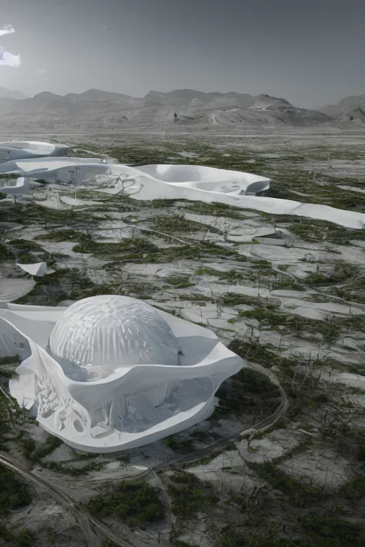 Image similar to bioremediation white architecture, in chuquicamata, epic, cinematic, hyperealistic, high detailed, corona render, hdr, ray tracing