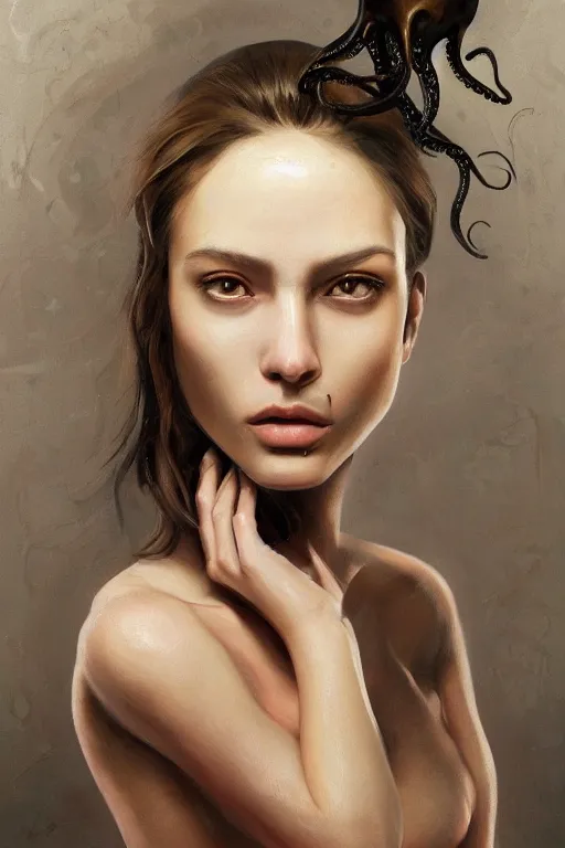 Prompt: a professional painting of a beautiful woman, with an octopus for a tongue, olive skin, long dark hair, beautiful bone structure, symmetrical facial features, intricate, elegant, digital painting, concept art, smooth, sharp focus, illustration, from Metal Gear, by Ruan Jia and Mandy Jurgens and Artgerm and William-Adolphe Bouguerea