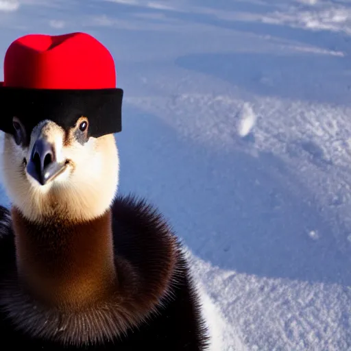 Image similar to A Canadian goose wearing a mountie hat and outfit, photo, 8k