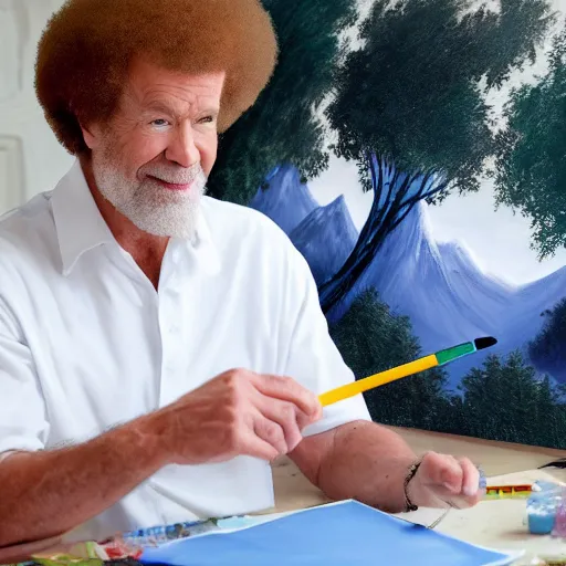 Image similar to a closeup photorealistic photograph of bob ross working on a canvas painting of spiderman. film still. brightly lit scene. mountains and trees. this 4 k hd image is trending on artstation, featured on behance, well - rendered, extra crisp, features intricate detail, epic composition and the style of unreal engine.