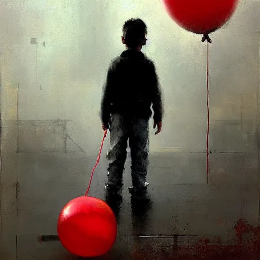 Image similar to lonely kid with a red balloon, gloomy, painting by jeremy mann