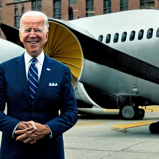 Prompt: Joe Biden in The Dark Knight Rises, standing outside with an airplane behind him. You don't get to bring friends