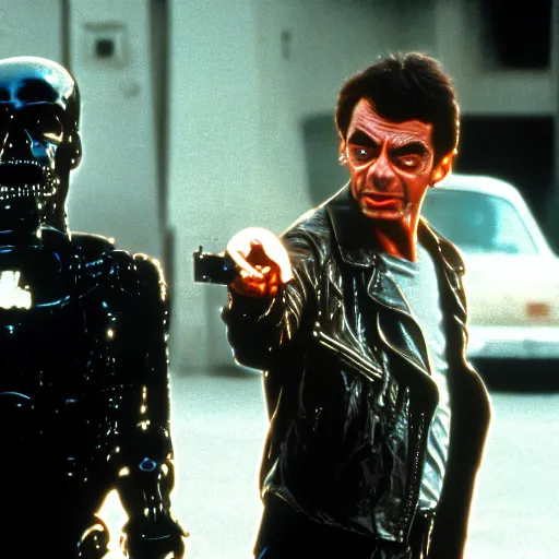 Image similar to A still of Mr Bean as the Terminator in The Terminator (1984)