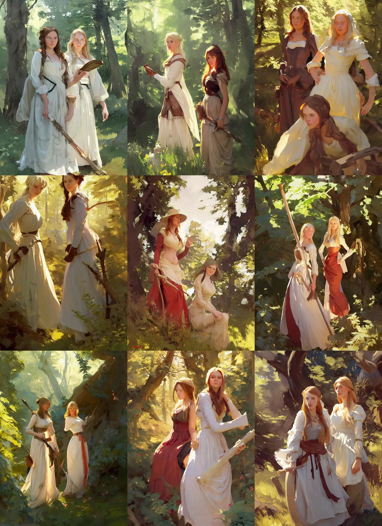 Prompt: portrait of two beautiful medieval village finnish norwegian swedish attractive maidens in the woods in a sunny day, jodhpurs greg manchess painting by sargent and leyendecker, studio ghibli fantasy medium shot asymmetrical intricate elegant matte painting illustration hearthstone, by greg rutkowski by greg tocchini by james gilleard