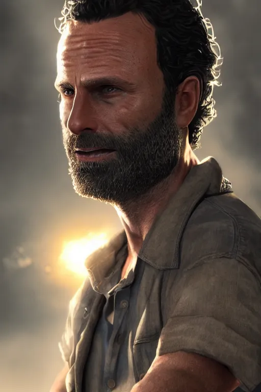 Prompt: portrait art of rick grimes 8 k ultra realistic, digital art, character portrait, highly detailed, trending on artstation, lens flare, atmosphere, hyper realistic, cinematic lightning, sharp focus, unreal engine 5, extreme details perfect face, pretty face, fine - face, illustration, 8 k, ultra texture, masterpiece