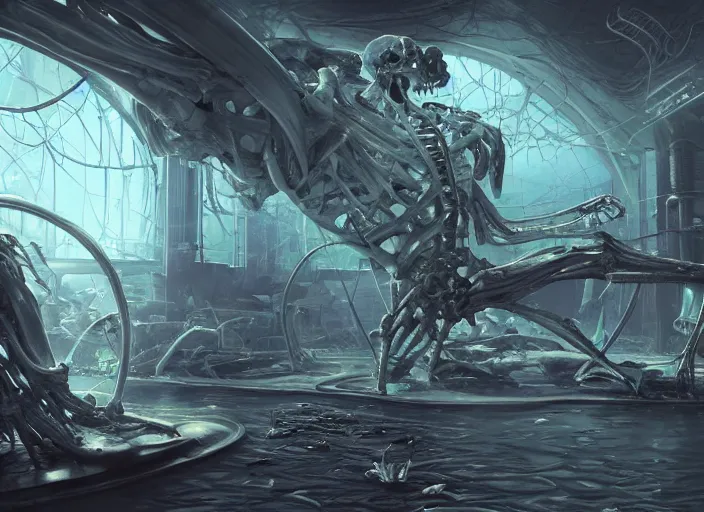 Image similar to science fiction laboratory with a muscular alien specimen with long boney limbs breaking out of its chamber in the style of mohrbacher and glenn fabry, futuristic, layers of bones, transparent carapace, 3 d environment art, unreal engine, god rays, flooded station, artstation, cinematic lighting, klaxon, foggy