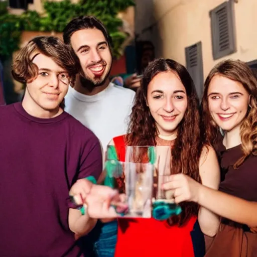 Image similar to four young adult are in an ourdoor party in italy, they are holding the same object in their right hand