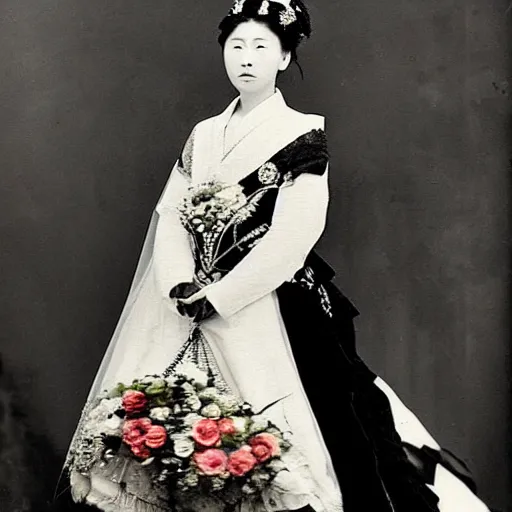 Prompt: A wide full shot, colored black and White Russian and Japanese mix historical fantasy a photograph portrait of the empress in her wedding gown holding her bouquet, 1907 photo from the official wedding photographer for the royal wedding.