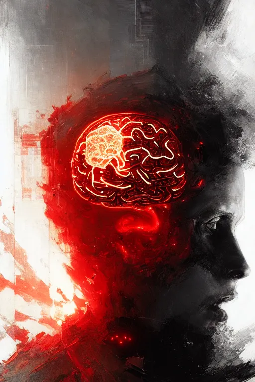 Prompt: intricate glowing brain, human brain, image split in half, half image black and white and red, dnd, painting by gaston bussiere, craig mullins, greg rutkowski, yoji shinkawa