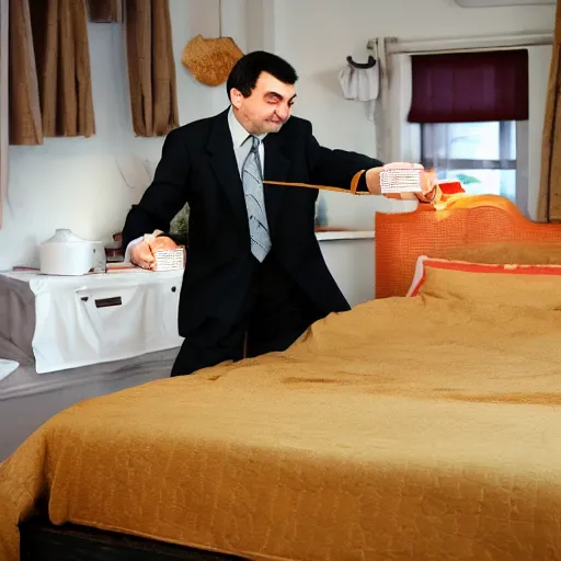 Image similar to mr. bean pouring beans on his bed