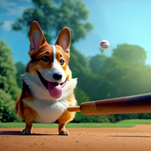 Image similar to weta disney pixar movie still photo of funny corgi with baseball bat : : corgi by pixar : : giant sign that says bonk : : by weta, greg rutkowski, wlop, ilya kuvshinov, rossdraws, artgerm, octane render, iridescent, bright morning, anime, liosh, mucha : :