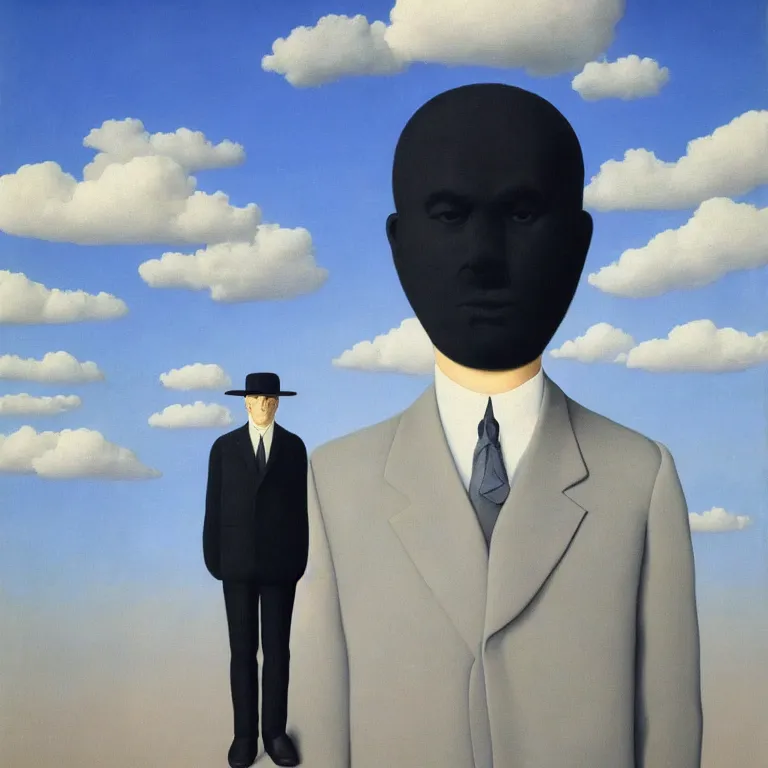 Image similar to portrait of a faceless shadow - head man in a suit, clouds in the background, by rene magritte, detailed painting, distance, centered, hd, hq, high resolution, high detail, 4 k, 8 k