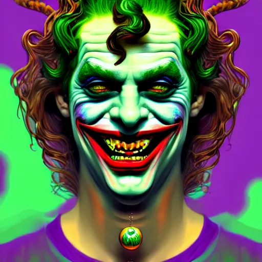 Image similar to an extremely psychedelic portrait of medusa as the joker, surreal, lsd, face, detailed, intricate, elegant, lithe, highly detailed, digital painting, artstation, concept art, smooth, sharp focus, illustration