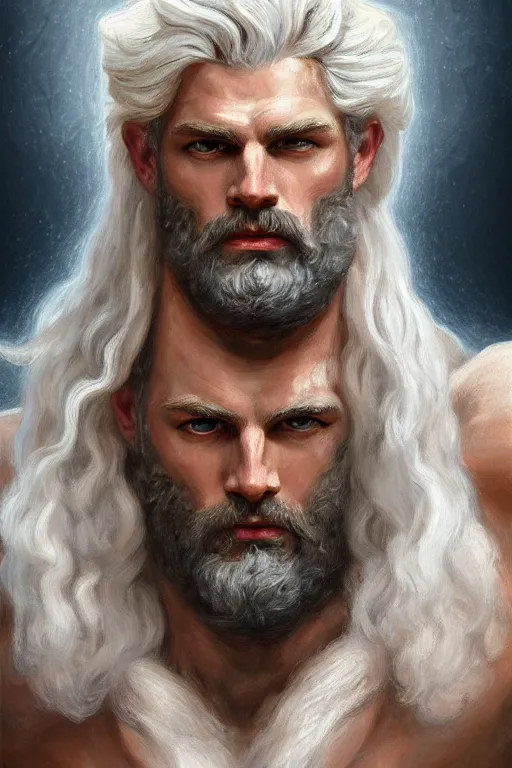 Prompt: painted portrait of rugged zeus, god of thunder, greek god, white hair, masculine, powerful, handsome, opulent, upper body, white robe, muscular, hairy torso, fantasy, intricate, elegant, highly detailed, digital painting, artstation, concept art, smooth, sharp focus, illustration, art by gaston bussiere
