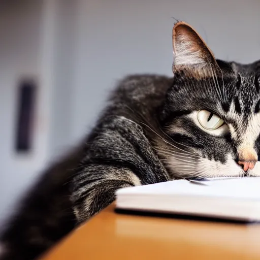 Prompt: a photo of a stressed out cat studying for an exam