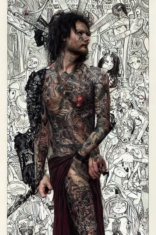 Prompt: full length portrait of made mikkelsen as a tattooed gothic punk by lawrence alma tadema and zdzislaw beksinski and norman rockwell and jack kirby and tom lovell and greg staples