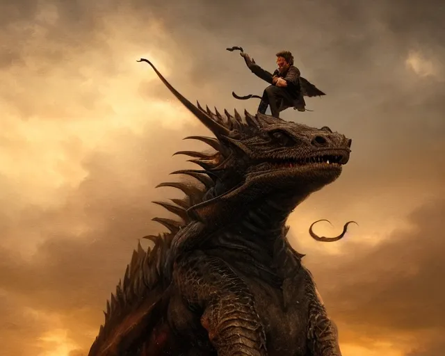 Image similar to 5 5 mm portrait photo of liam neeson riding a dragon. magical atmosphere. art by greg rutkowski. highly detailed 8 k. intricate. lifelike. soft light. nikon d 8 5 0.